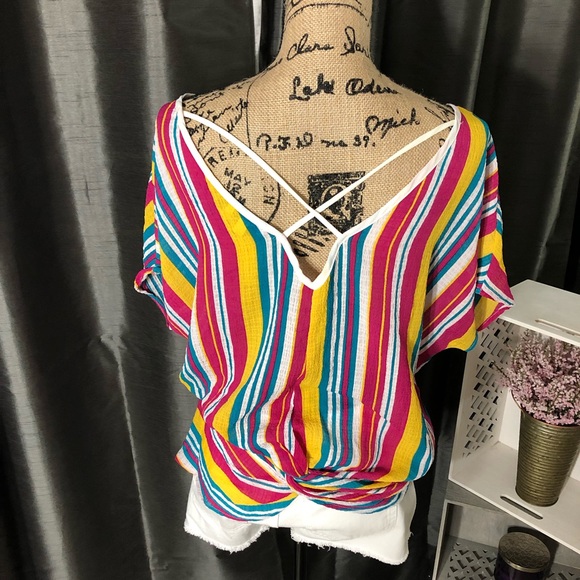 Bright Multicolored Striped Criss Cross Back Top - Picture 2 of 7